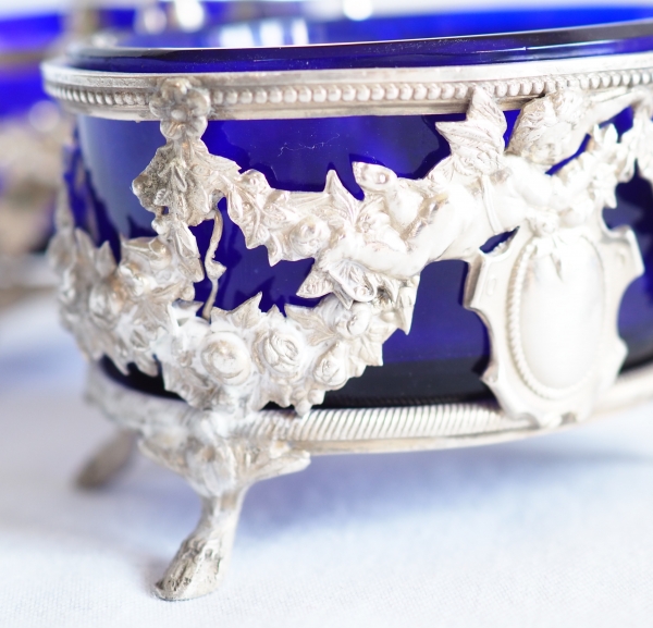 Pair of Louis XVI style sterling silver and Baccarat crystal double salt cellars, late 19th century