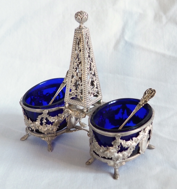 Pair of Louis XVI style sterling silver and Baccarat crystal double salt cellars, late 19th century