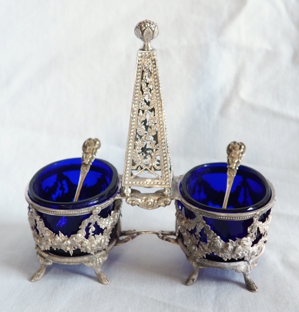 Pair of Louis XVI style sterling silver and Baccarat crystal double salt cellars, late 19th century