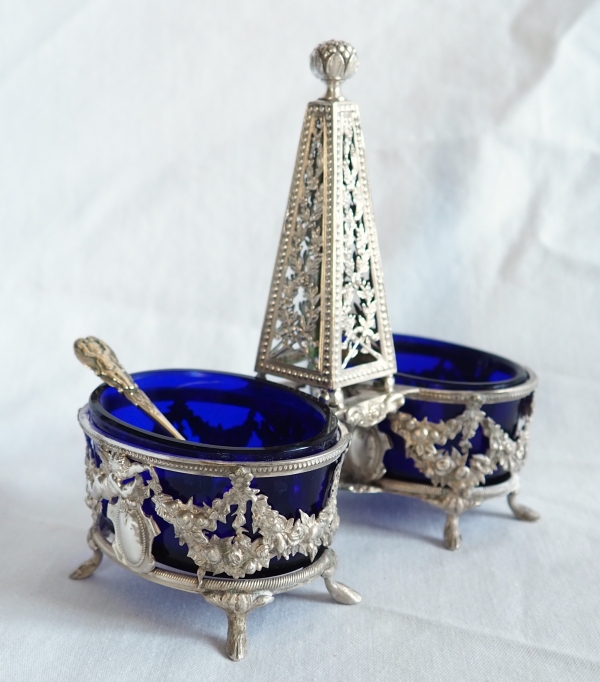 Pair of Louis XVI style sterling silver and Baccarat crystal double salt cellars, late 19th century