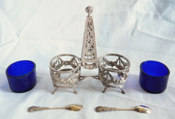 Pair of Louis XVI style sterling silver and Baccarat crystal double salt cellars, late 19th century