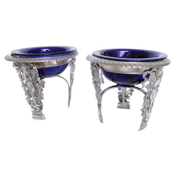 Pair of Empire sterling silver and blue crystal salt cellars