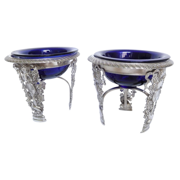 Paire de salières en argent massif et cristal bleu époque Empire, poinçon coq