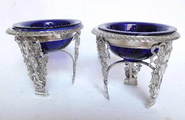 Pair of Empire sterling silver and blue crystal salt cellars