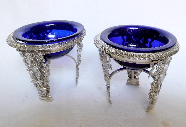 Pair of Empire sterling silver and blue crystal salt cellars