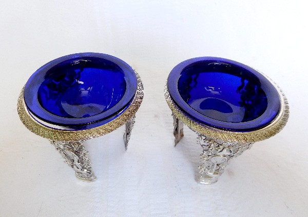 Pair of Empire sterling silver and blue crystal salt cellars