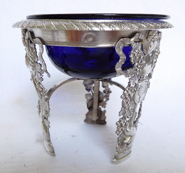 Paire de salières en argent massif et cristal bleu époque Empire, poinçon coq