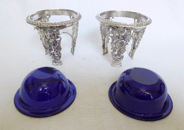 Pair of Empire sterling silver and blue crystal salt cellars