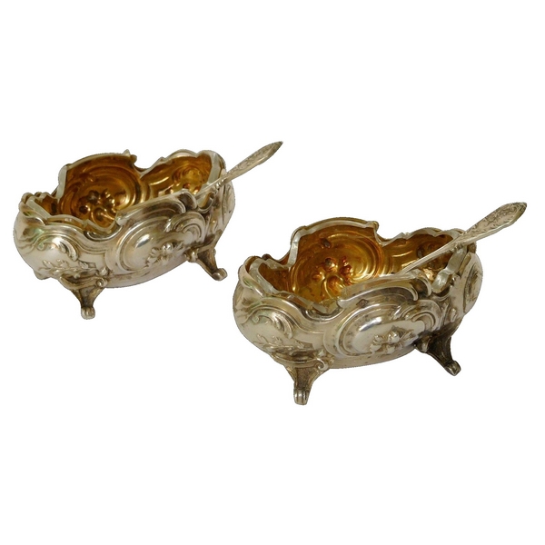 Pair of antique French sterling silver & vermeil salt cellars, Louis XV style