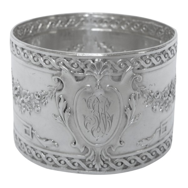 Rond de serviette de style Louis XVI en argent massif repoussé, monogramme JB, poinçon Minerve