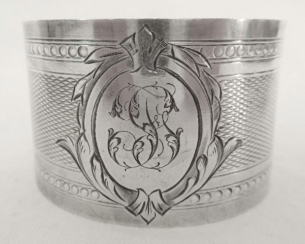 Antique French sterling silver napkin ring, Louis XVI style, FG monogram 