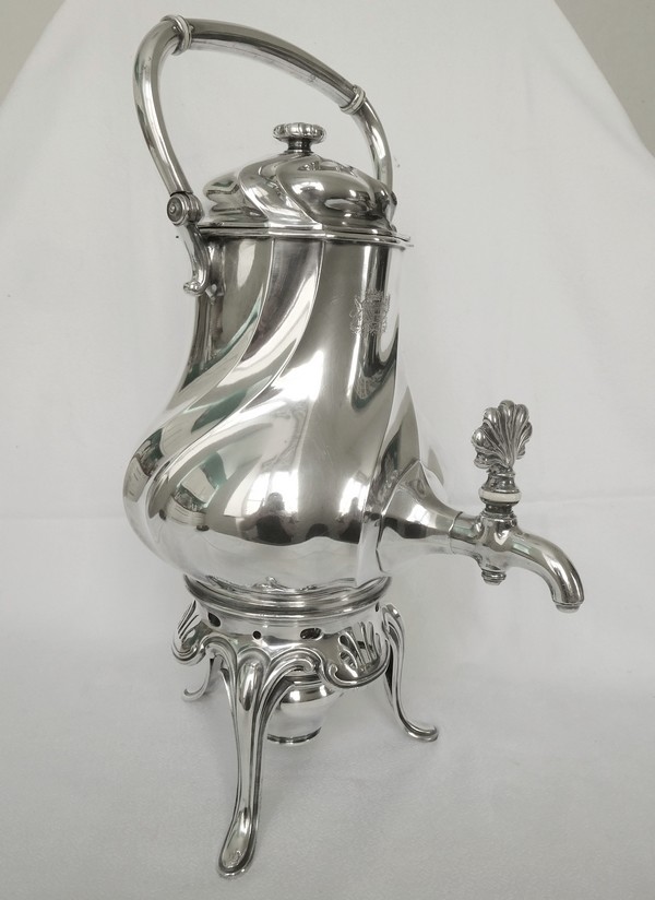 Odiot : samovar en métal argenté, armoiries d'alliance - Marquis de Ramel & de Secondat de Montesquieu