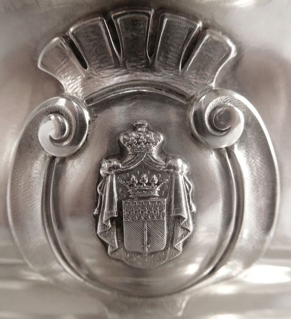 Regency-style sterling silver gravy boat, coat of arms and Duke crown - silversmith Jules Piault