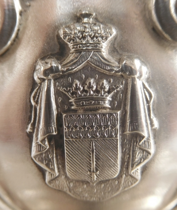 Regency-style sterling silver gravy boat, coat of arms and Duke crown - silversmith Jules Piault