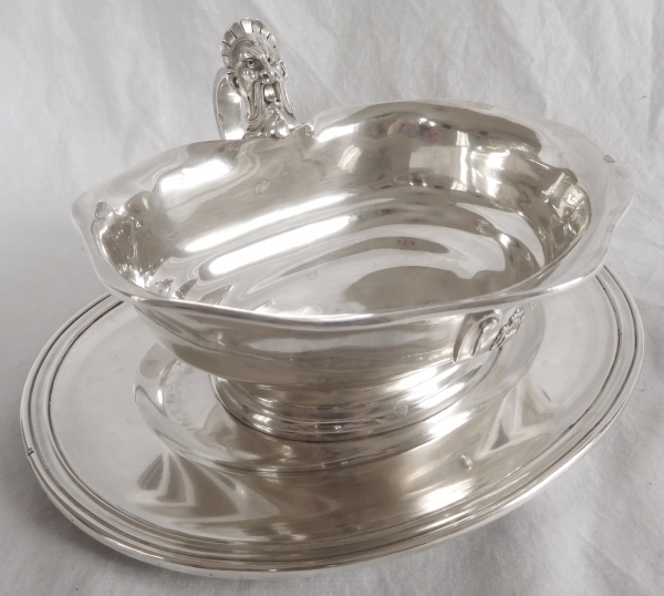 Regency-style sterling silver gravy boat, coat of arms and Duke crown - silversmith Jules Piault