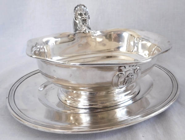 Regency-style sterling silver gravy boat, coat of arms and Duke crown - silversmith Jules Piault