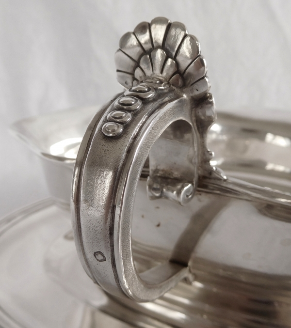 Regency-style sterling silver gravy boat, coat of arms and Duke crown - silversmith Jules Piault