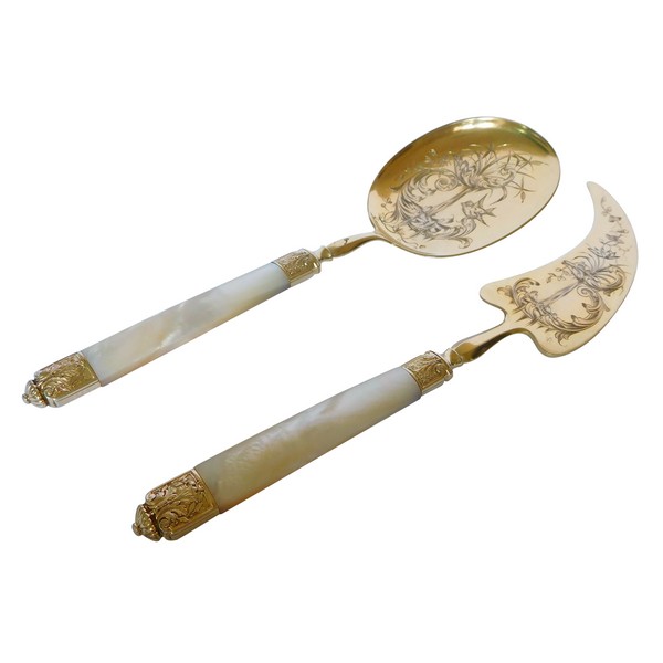 Vermeil and mother of pearl ice cream serving set, silversmith Paul Canaux