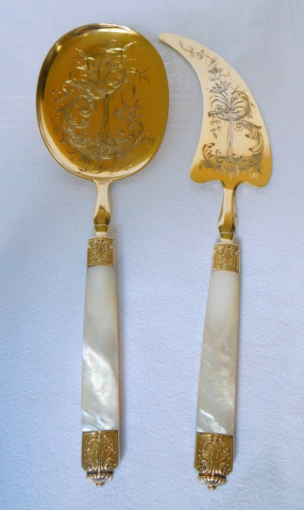 Service à glace de style Louis XIV en vermeil (argent massif) et nacre par Paul Canaux, poinçon Minerve