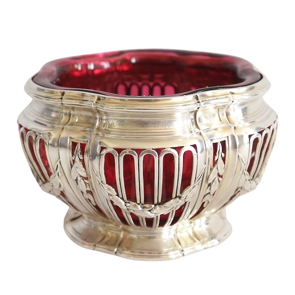 Sterling silver, vermeil and Baccarat crystal Louis XVI style sugar bowl