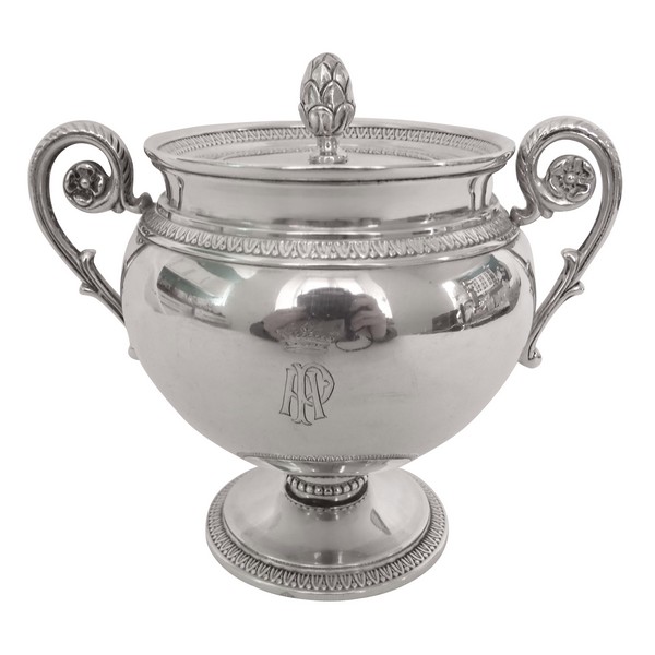 Puiforcat : Empire style sterling silver and vermeil sugar pot, Marquis crown engraved