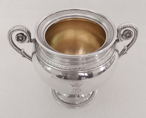 Puiforcat : Empire style sterling silver and vermeil sugar pot, Marquis crown engraved