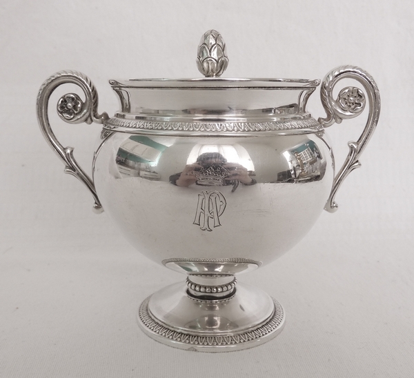 Puiforcat : Empire style sterling silver and vermeil sugar pot, Marquis crown engraved