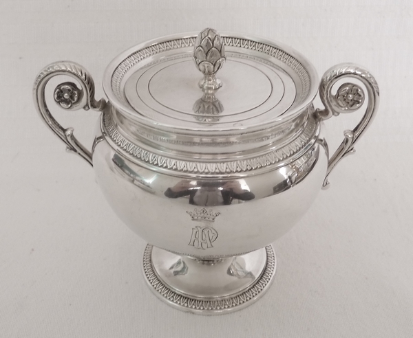 Puiforcat : Empire style sterling silver and vermeil sugar pot, Marquis crown engraved