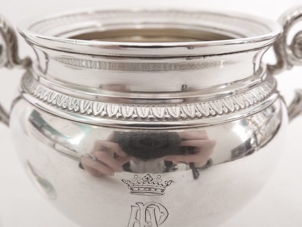 Puiforcat : Empire style sterling silver and vermeil sugar pot, Marquis crown engraved