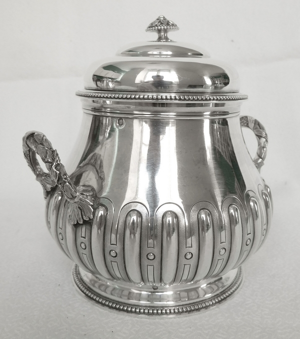 Sterling silver & vermeil Regency style sugar pot, ebony handle, late 19th century