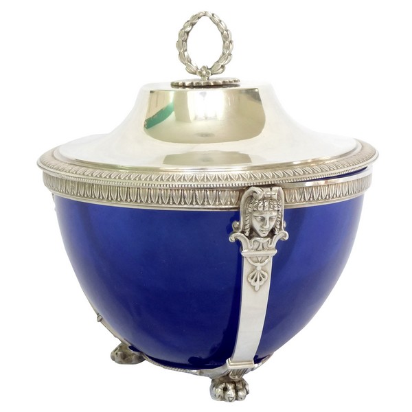 Empire style sterling silver and blue crystal sugar pot, silversmith Paul Canaux