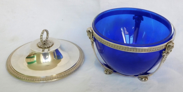 Empire style sterling silver and blue crystal sugar pot, silversmith Paul Canaux