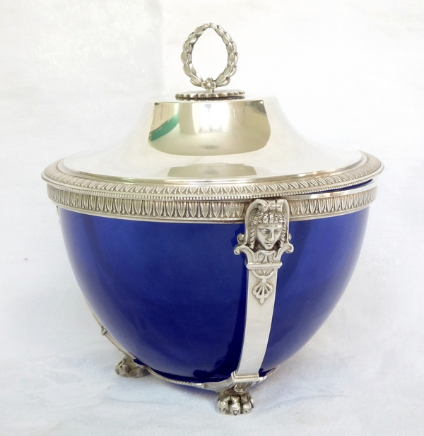 Empire style sterling silver and blue crystal sugar pot, silversmith Paul Canaux