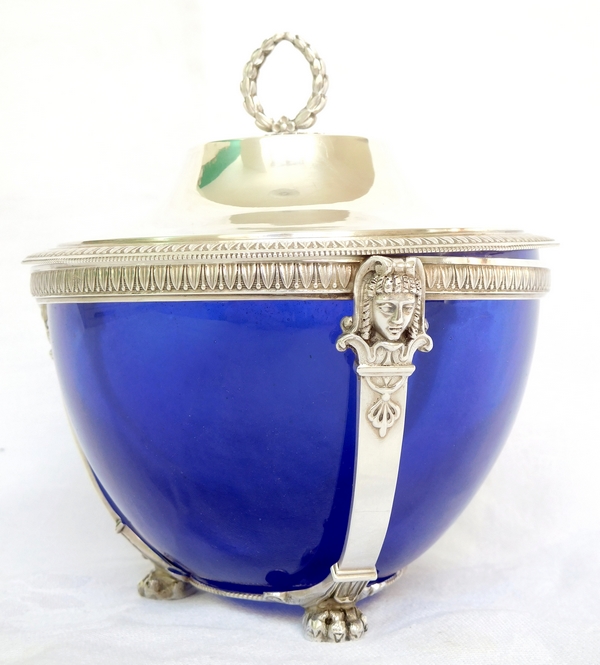 Empire style sterling silver and blue crystal sugar pot, silversmith Paul Canaux