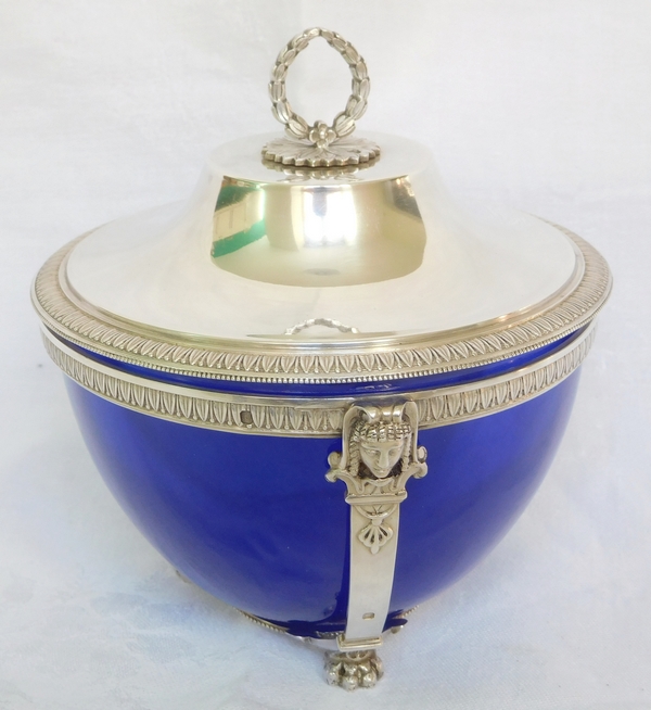 Empire style sterling silver and blue crystal sugar pot, silversmith Paul Canaux