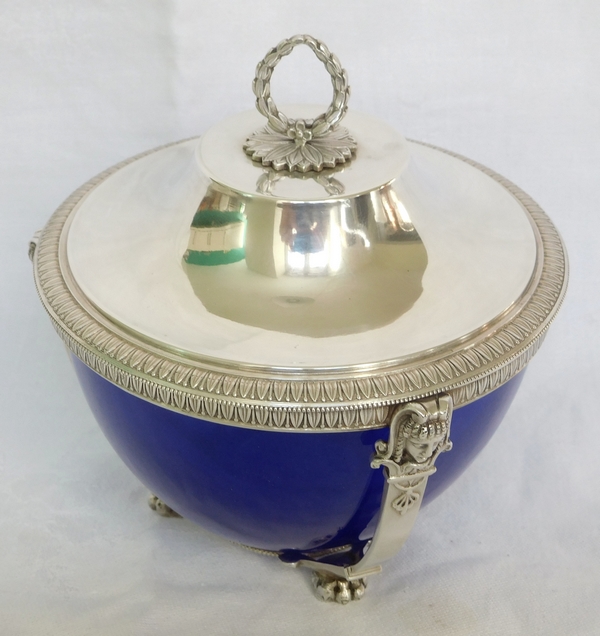 Empire style sterling silver and blue crystal sugar pot, silversmith Paul Canaux