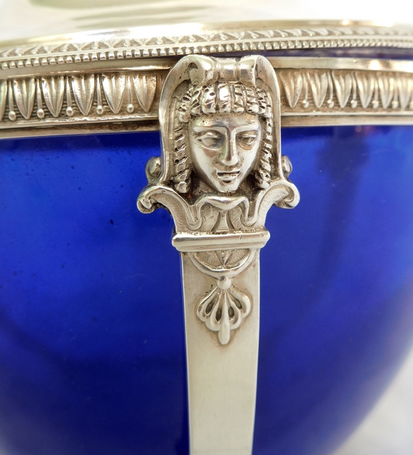 Empire style sterling silver and blue crystal sugar pot, silversmith Paul Canaux