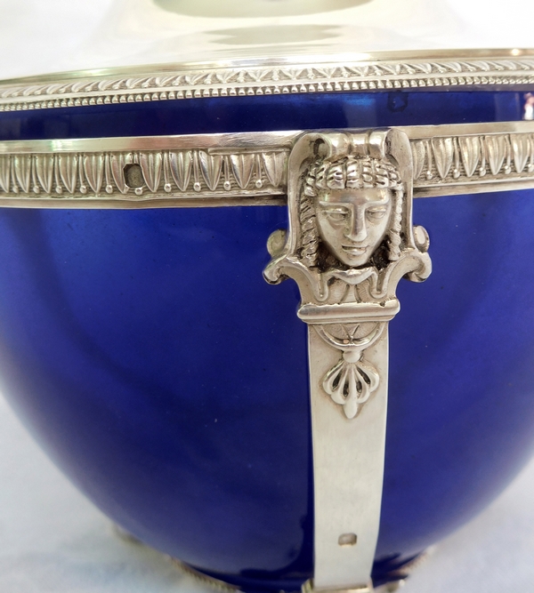 Empire style sterling silver and blue crystal sugar pot, silversmith Paul Canaux