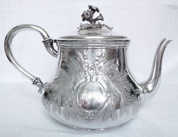 Very large antique French sterling silver tea pot, Louis XVI style, silversmith Odiot