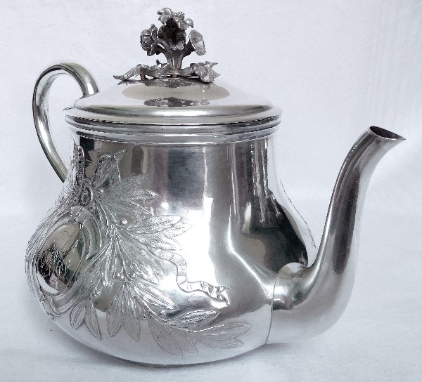 Very large antique French sterling silver tea pot, Louis XVI style, silversmith Odiot