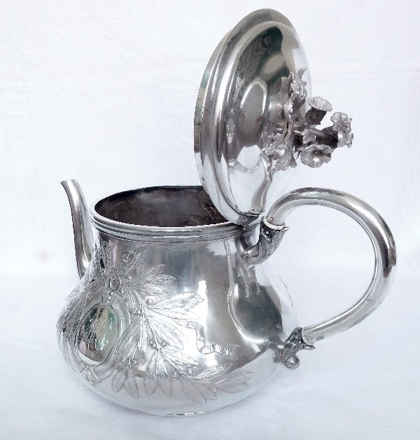 Very large antique French sterling silver tea pot, Louis XVI style, silversmith Odiot