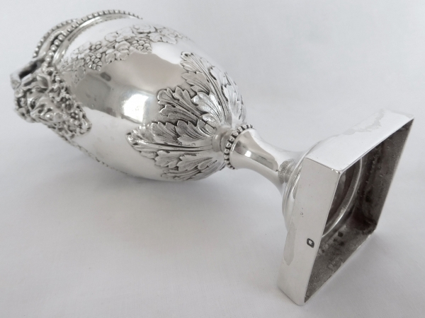 Louis XVI style sterling silver vase, bacchanalia ornamentation, silversmith Hénin & Cie