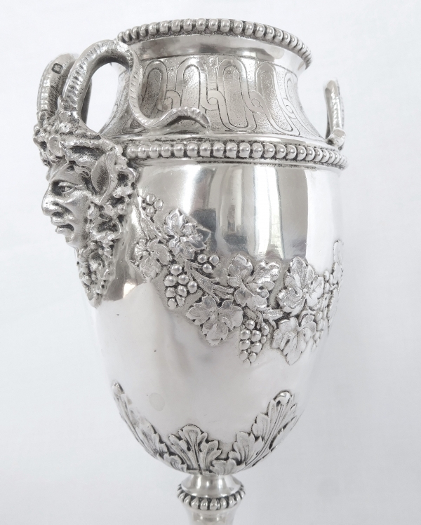 Louis XVI style sterling silver vase, bacchanalia ornamentation, silversmith Hénin & Cie