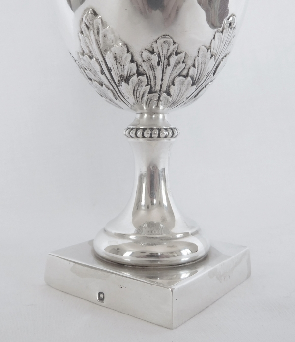 Louis XVI style sterling silver vase, bacchanalia ornamentation, silversmith Hénin & Cie