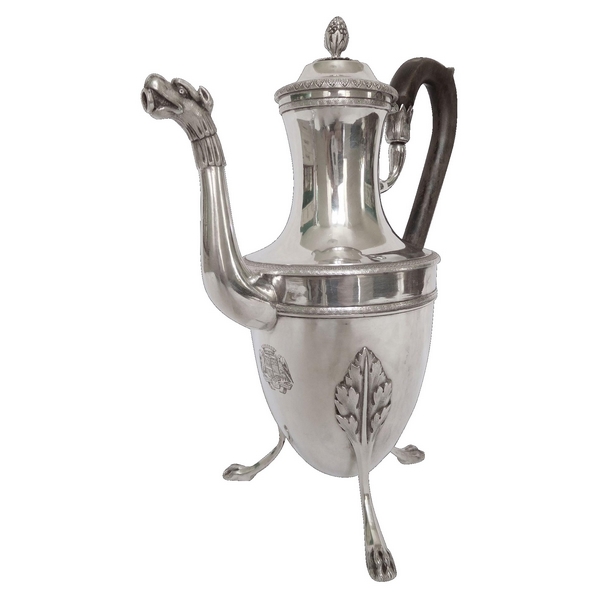 Verseuse / cafetière d'époque Empire en argent massif, armoiries, poinçon coq