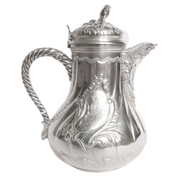 Verseuse / cafetière de Vicomte en argent massif, style Louis XV Rocaille, monogramme SD sous couronne - poinçon Minerve