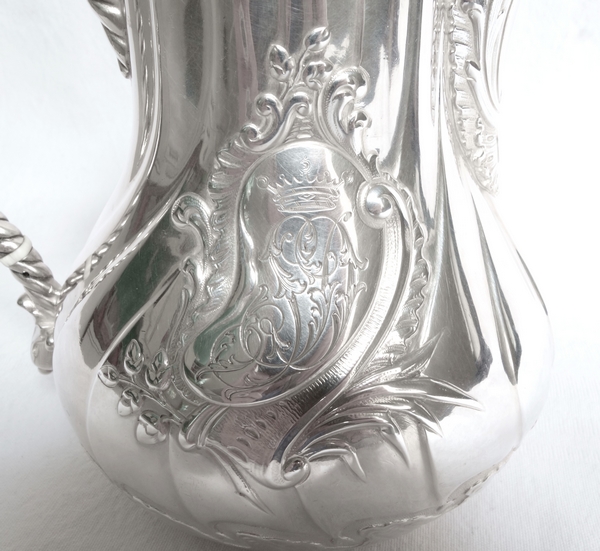 Verseuse / cafetière de Vicomte en argent massif, style Louis XV Rocaille, monogramme SD sous couronne - poinçon Minerve