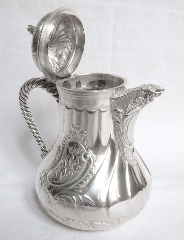 Verseuse / cafetière de Vicomte en argent massif, style Louis XV Rocaille, monogramme SD sous couronne - poinçon Minerve