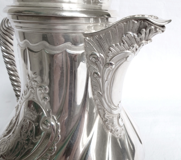 Sterling silver coffee pot, Louis XV Rococo style, SD monogram and Viscount crown engraved, late 19th century