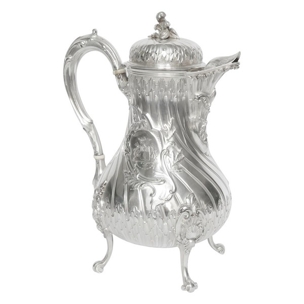 Sterling silver Rococo style coffee pot, coat of arms engraved, silversmith Tetard